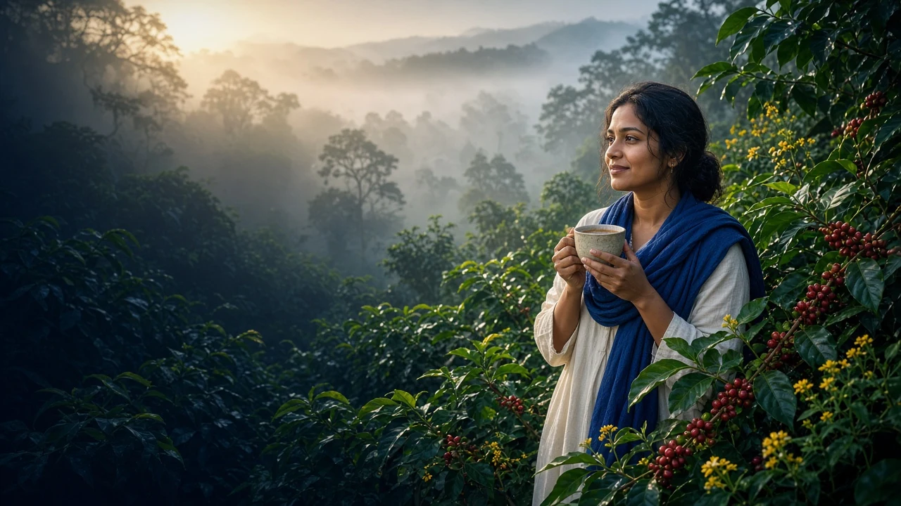 An Indian woman enjoying coffee at sunrise on a misty coffee estate in Coorg
